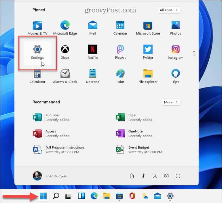 tart Settings Windows 11